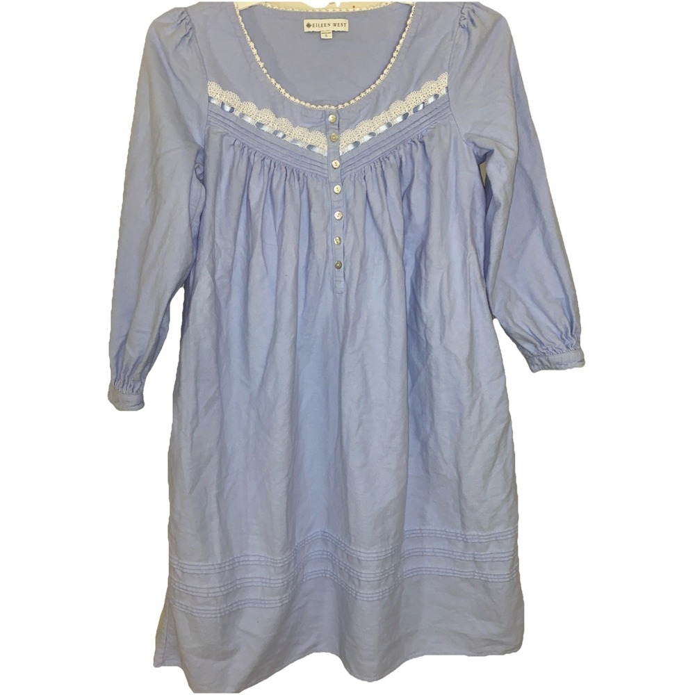 EILEEN WEST Nightgown Blue White Floral Crochet Lace 100% Cotton Pockets Small